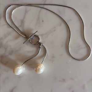 Silver Lariat Necklace with Two Pearls